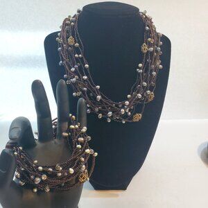 Vtg Signed Tanner Chocolate Brown Seed Bead Multi Strand Necklace & Bracelet Set
